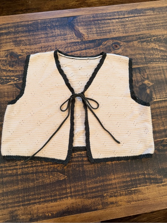 Sweaters - Women's Cream Crochet Tie-Front Sweater Vest with Black Trim